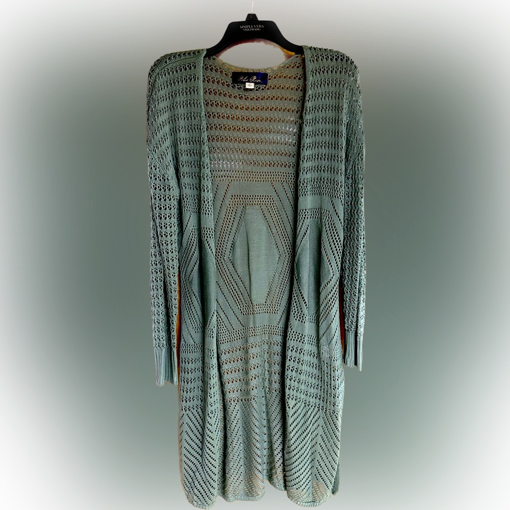Blue Rain Sage long green sweater, small